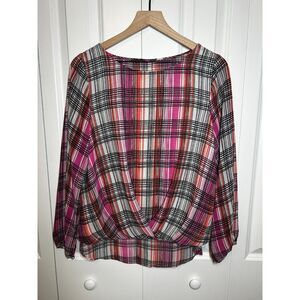 Vince Camuto Twist Front Plaid Blouse Pink Orange Black Medium